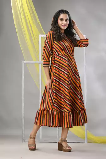 Multicolor cotton blend stripe printed flared ethnic dress