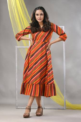 Multicolor cotton blend stripe printed flared ethnic dress