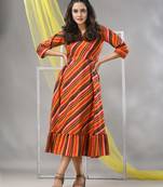 Multicolor cotton blend stripe printed flared ethnic dress