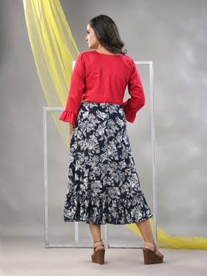 Navy blue rayon printed flared ethnic dress 3
