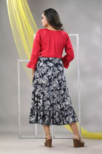 Navy blue rayon printed flared ethnic dress