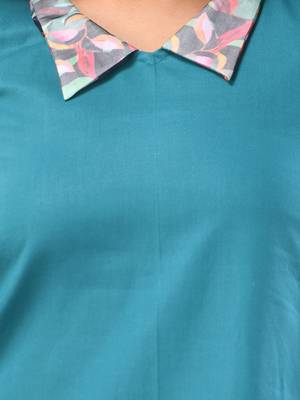 Teal cotton solid a-line ethnic dress with ruffle 4