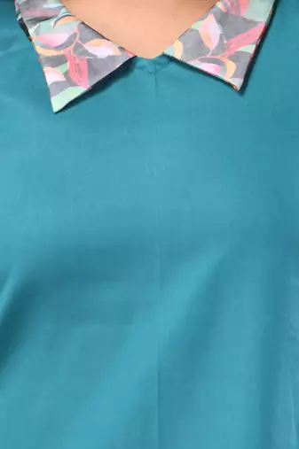 Teal cotton solid a-line ethnic dress with ruffle