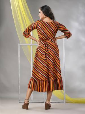 Multicolor cotton blend stripe printed flared ethnic dress 3
