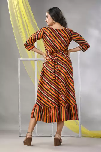 Multicolor cotton blend stripe printed flared ethnic dress