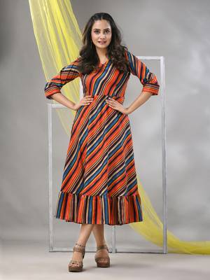 Multicolor cotton blend stripe printed flared ethnic dress 1