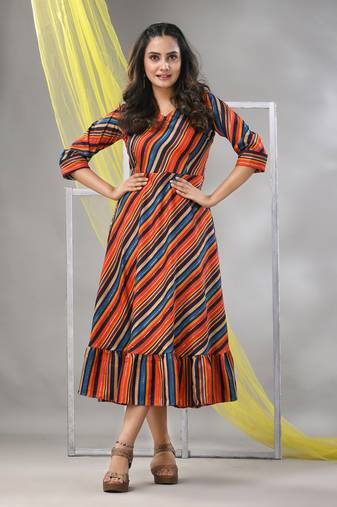 Multicolor cotton blend stripe printed flared ethnic dress