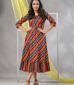 Multicolor cotton blend stripe printed flared ethnic dress