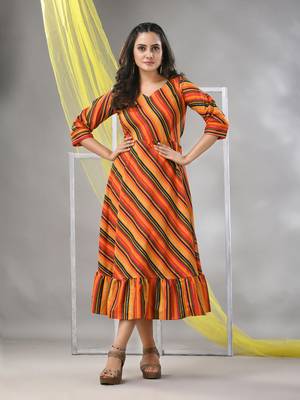 Multicolor cotton blend stripe printed flared ethnic dress 1