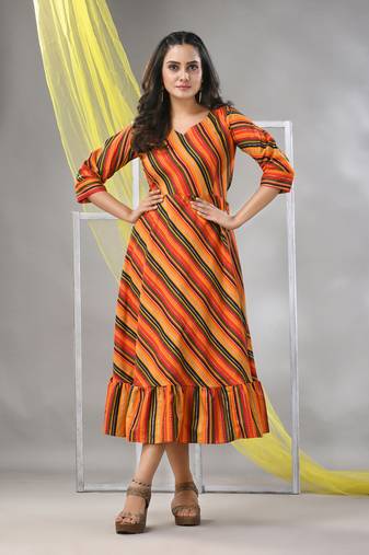 Multicolor cotton blend stripe printed flared ethnic dress