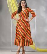 Multicolor cotton blend stripe printed flared ethnic dress