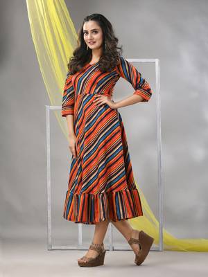 Multicolor cotton blend stripe printed flared ethnic dress 2