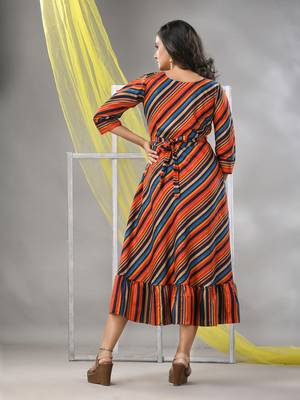 Multicolor cotton blend stripe printed flared ethnic dress 3