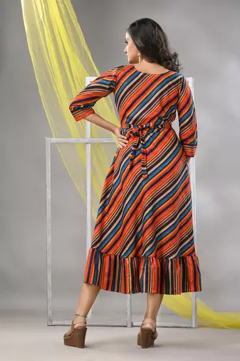 Multicolor cotton blend stripe printed flared ethnic dress