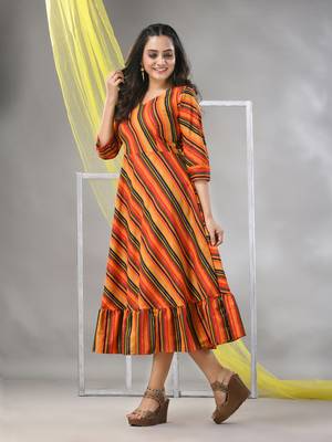 Multicolor cotton blend stripe printed flared ethnic dress 2
