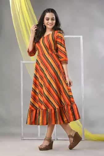 Multicolor cotton blend stripe printed flared ethnic dress