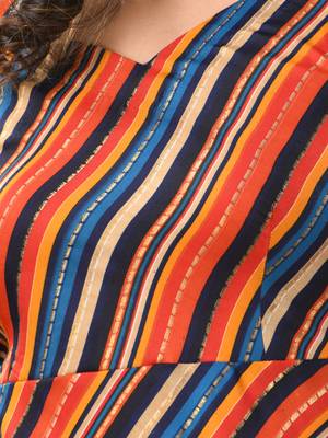 Multicolor cotton blend stripe printed flared ethnic dress 4