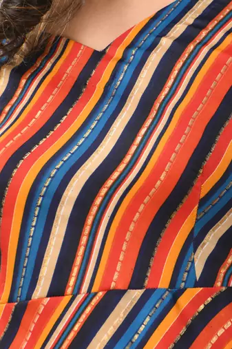 Multicolor cotton blend stripe printed flared ethnic dress