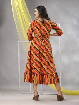 Multicolor cotton blend stripe printed flared ethnic dress 3