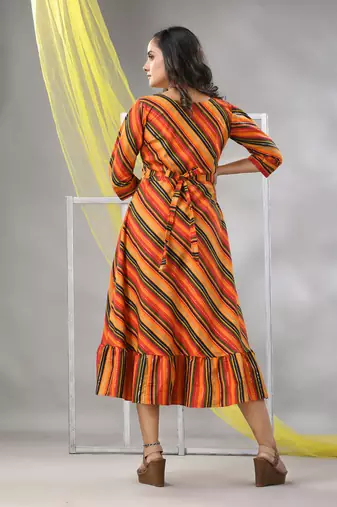 Multicolor cotton blend stripe printed flared ethnic dress