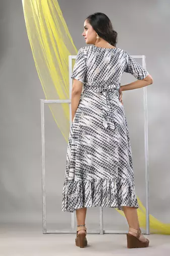 White and black rayon shibori printed ethnic dress