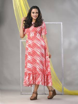 White and red rayon shibori printed ethnic dress 2