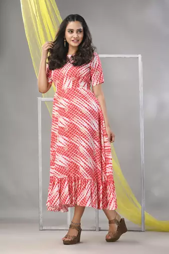 White and red rayon shibori printed ethnic dress