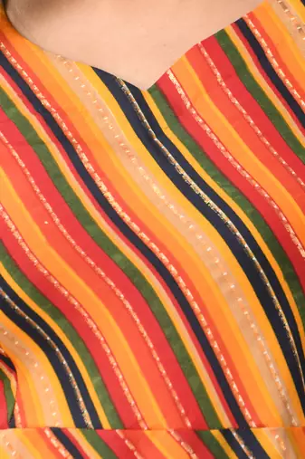 Multicolor cotton blend stripe printed flared ethnic dress