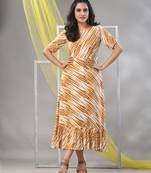 White and mustard rayon shibori printed ethnic dress
