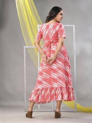 White and red rayon shibori printed ethnic dress 3