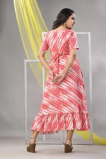 White and red rayon shibori printed ethnic dress