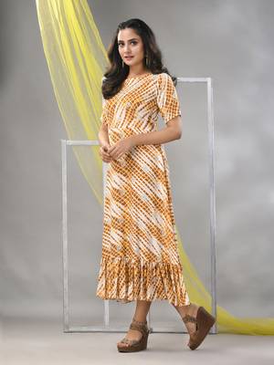 White and mustard rayon shibori printed ethnic dress 2