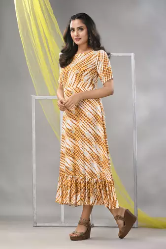 White and mustard rayon shibori printed ethnic dress