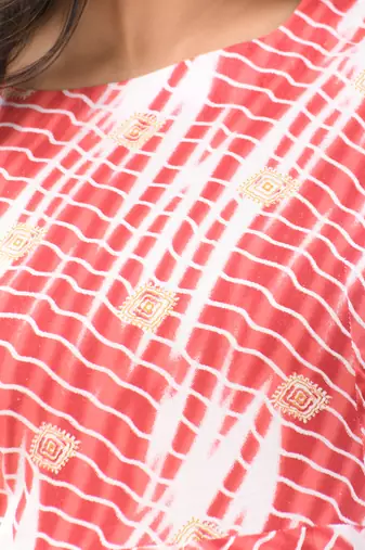 White and red rayon shibori printed ethnic dress