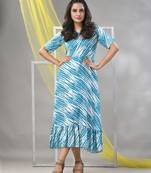 White and cobalt blue rayon shibori printed ethnic dress