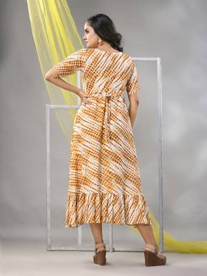 White and mustard rayon shibori printed ethnic dress 3
