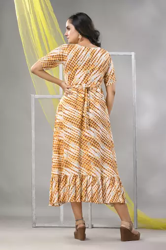 White and mustard rayon shibori printed ethnic dress