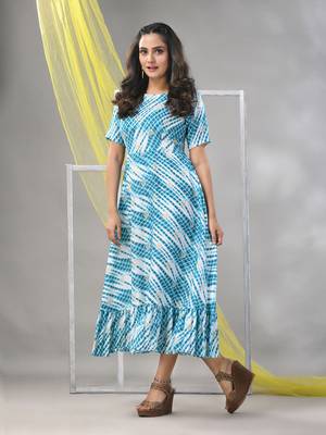 White and cobalt blue rayon shibori printed ethnic dress 2