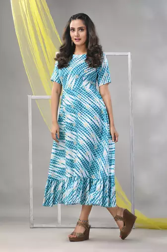 White and cobalt blue rayon shibori printed ethnic dress