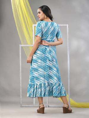 White and cobalt blue rayon shibori printed ethnic dress 3