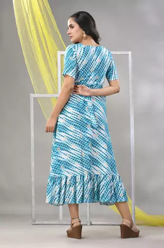 White and cobalt blue rayon shibori printed ethnic dress