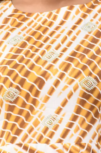 White and mustard rayon shibori printed ethnic dress