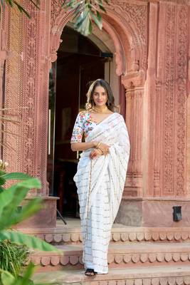 White Sequins Embroidered Georgette Saree With Heavy Embroidery Work Blouse 1
