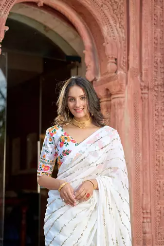 White Sequins Embroidered Georgette Saree With Heavy Embroidery Work Blouse