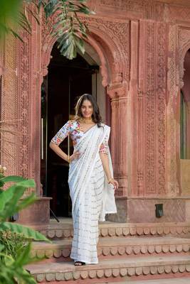 White Sequins Embroidered Georgette Saree With Heavy Embroidery Work Blouse 3