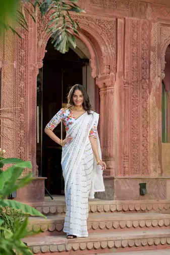 White Sequins Embroidered Georgette Saree With Heavy Embroidery Work Blouse