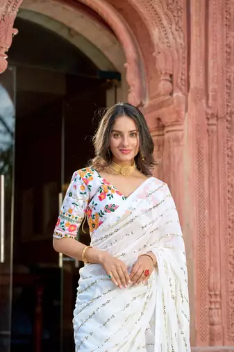 White Sequins Embroidered Georgette Saree With Heavy Embroidery Work Blouse