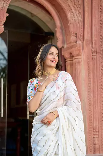 White Sequins Embroidered Georgette Saree With Heavy Embroidery Work Blouse
