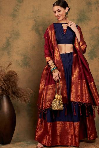 Navy Blue Weaving Banarasi Silk Lehenga With Blouse - Ls-Mnu17687