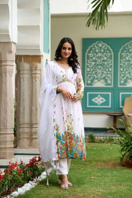 White Digital Printed Georgette Fabric Anarkali Kurta Pant and Dupatta Set 1